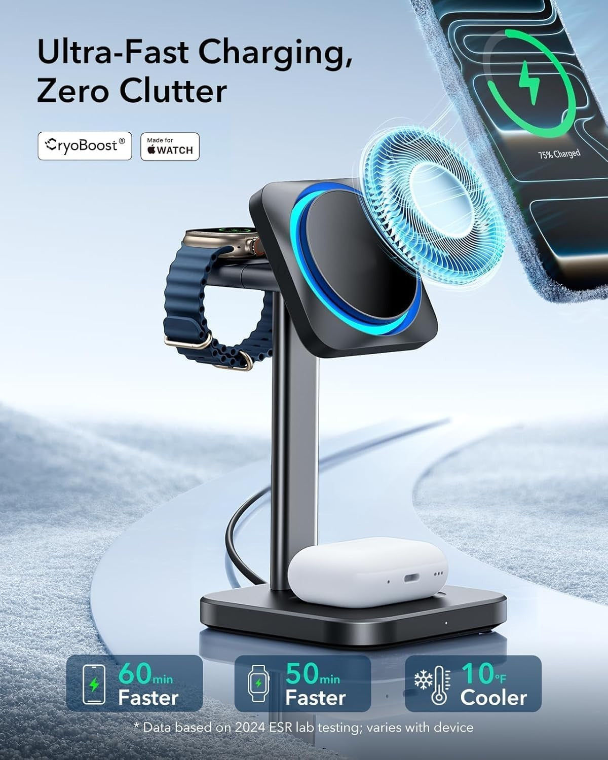 ESR 3 in 1 Wireless Charging Station CryoBoost 25W iPhone Watch AirPods Black