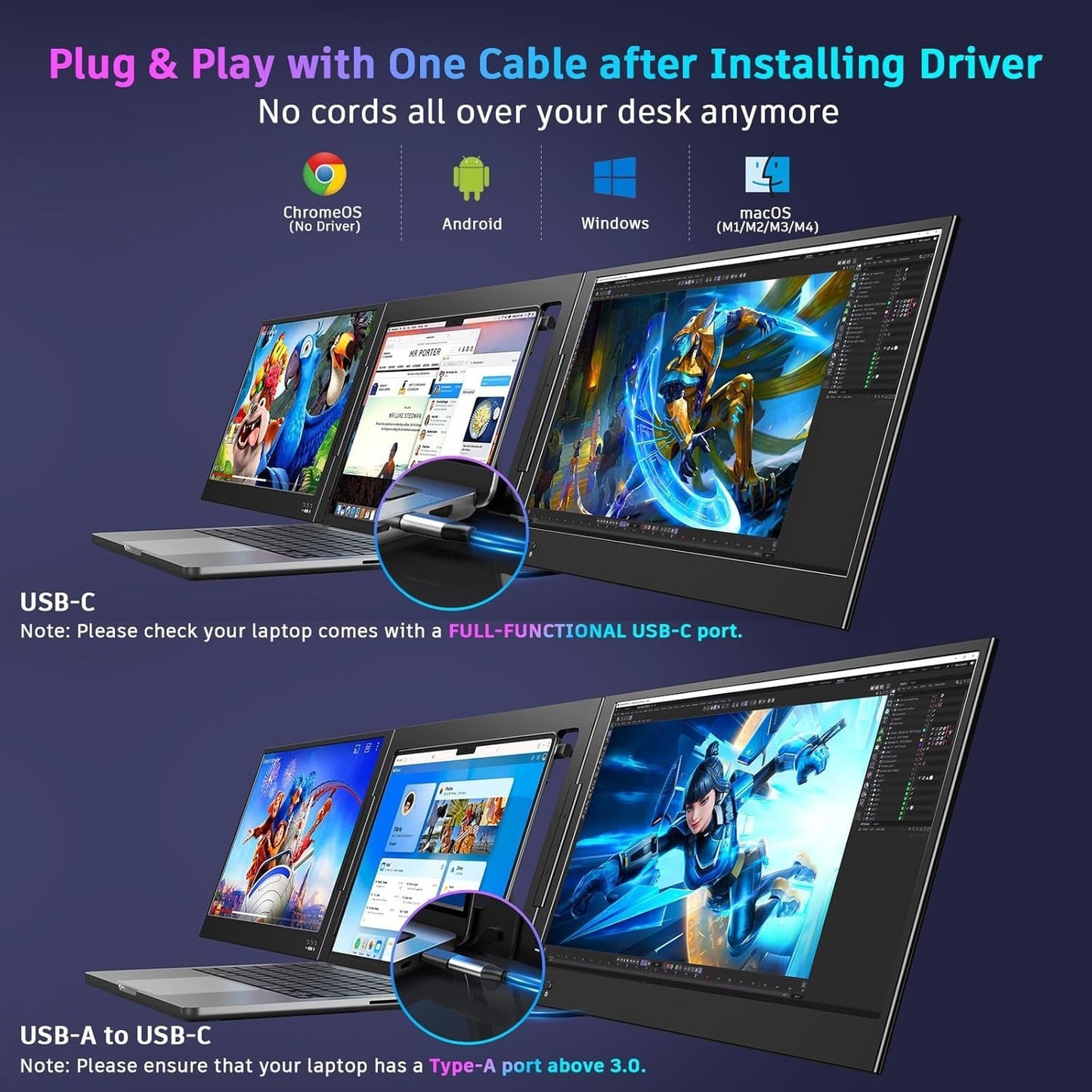 QQH Z80 Portable Dual Monitor Setup For Notebooks Dual 1080P Full HD Ips Led