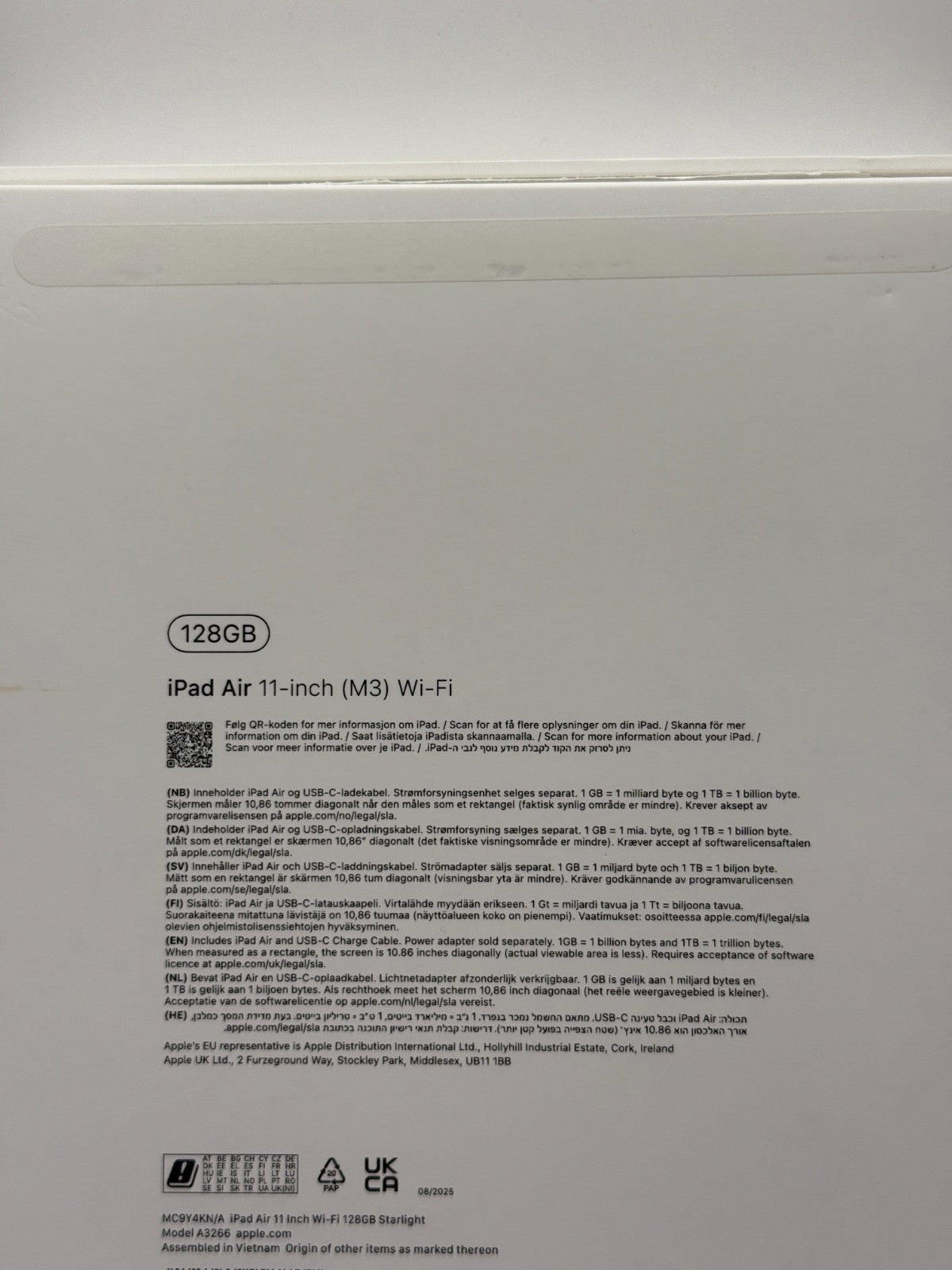 Apple Ipad Air 11" M3 128GB Wifi Starlight Boxed Warranty Excellent Condition
