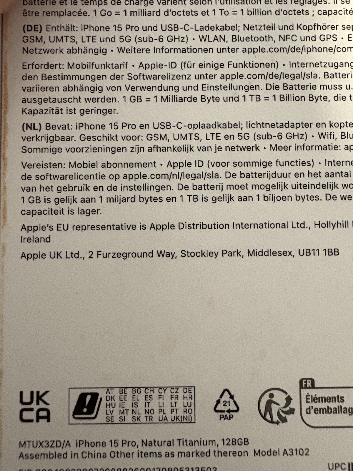 Apple iPhone 15 Pro 128GB (PP150) Natural Titanium Unlocked Warranty