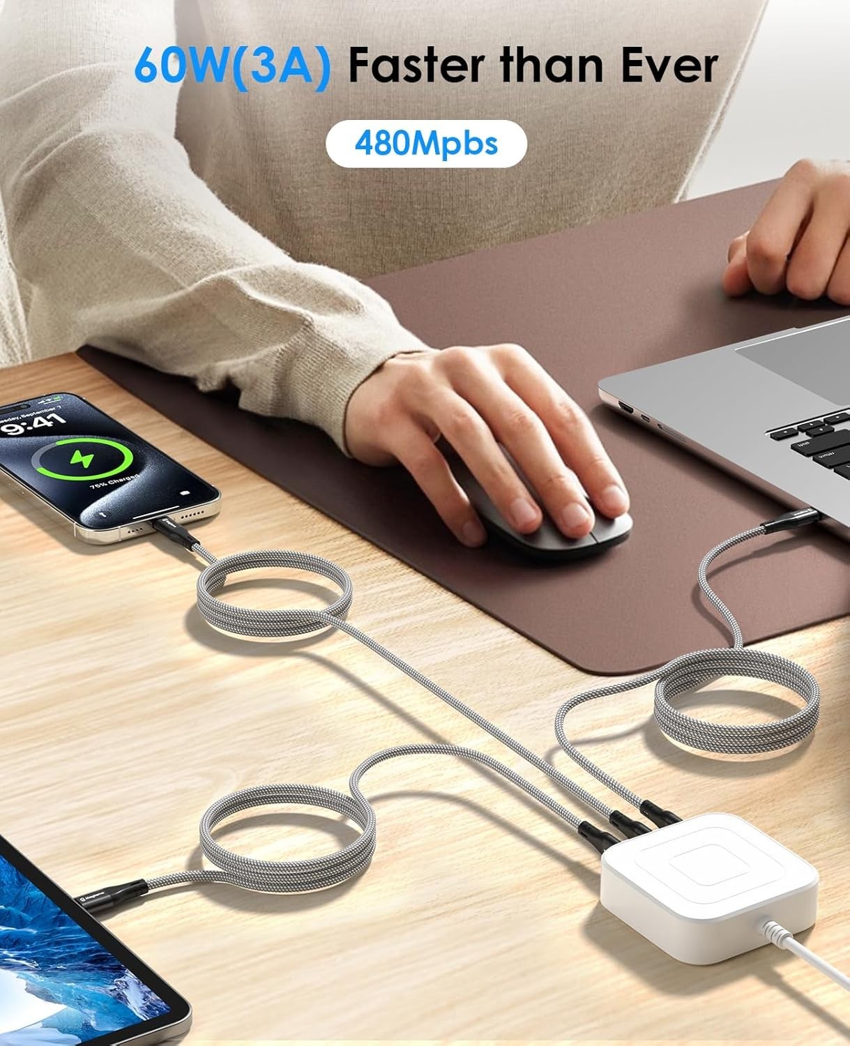 Magtame Magnetic USBC To C Cable Coiled 1.5M Flexible Cord 60W 480Mbps White New