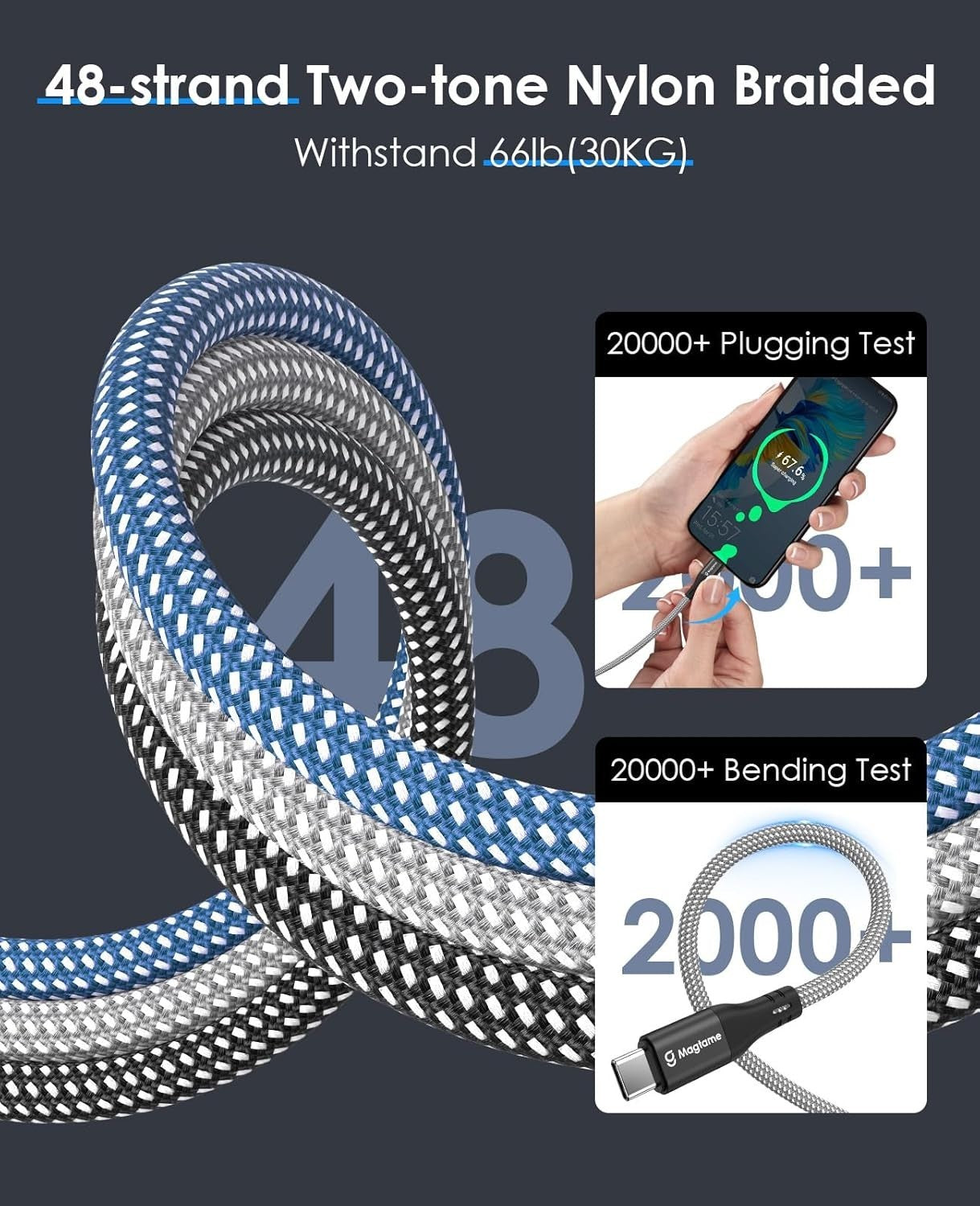 Magtame Magnetic USBC To C Cable Coiled 1.5M Flexible Cord 60W 480Mbps White New