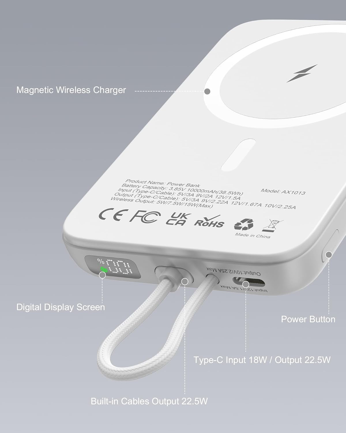 AsperX Magnetic Portable Charger 10000Mah 22.5W PD Fast Charging With USBC Cable