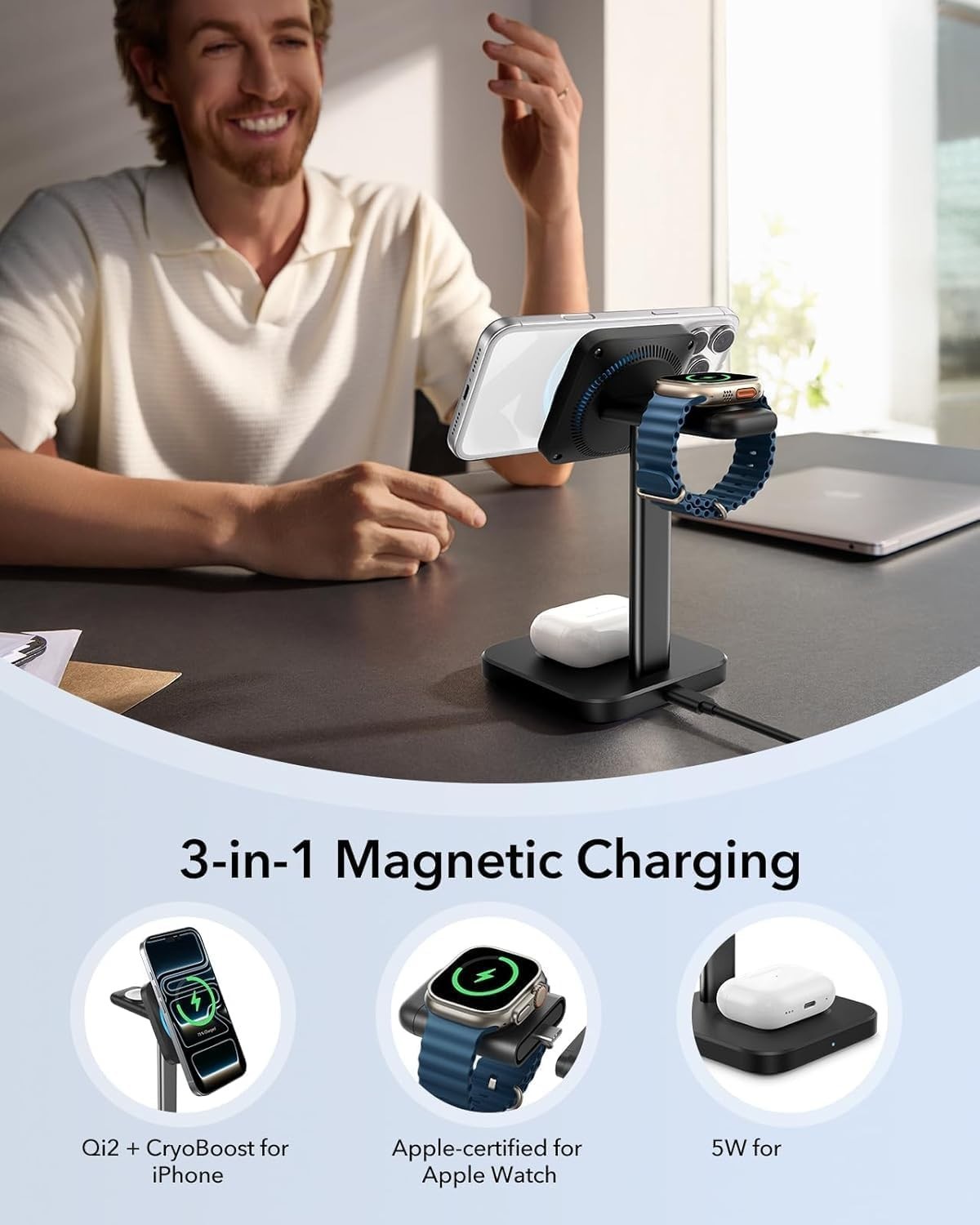 ESR 3 in 1 Wireless Charging Station CryoBoost 25W iPhone Watch AirPods Black