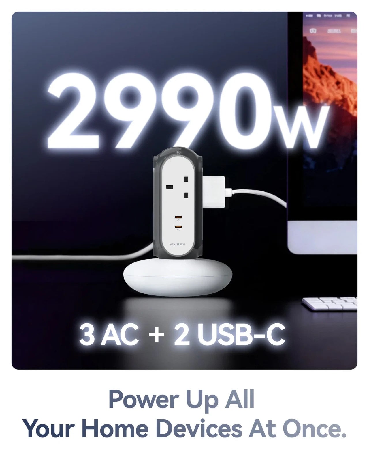 MiaoLab XPC003-UK Tower Power Strip with 3 AC & 2 USB-C 30W 2990W Brand New