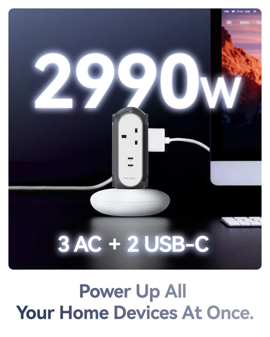 MiaoLab XPC003-UK Tower Power Strip with 3 AC & 2 USB-C 30W 2990W Brand New