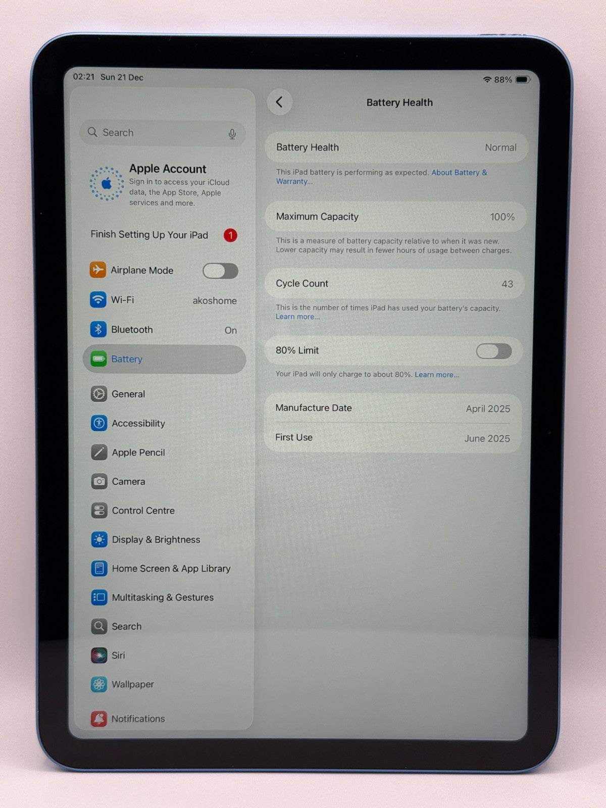 Apple Ipad 11th Generation A16 128GB Wifi Blue Boxed Warranty Excellent