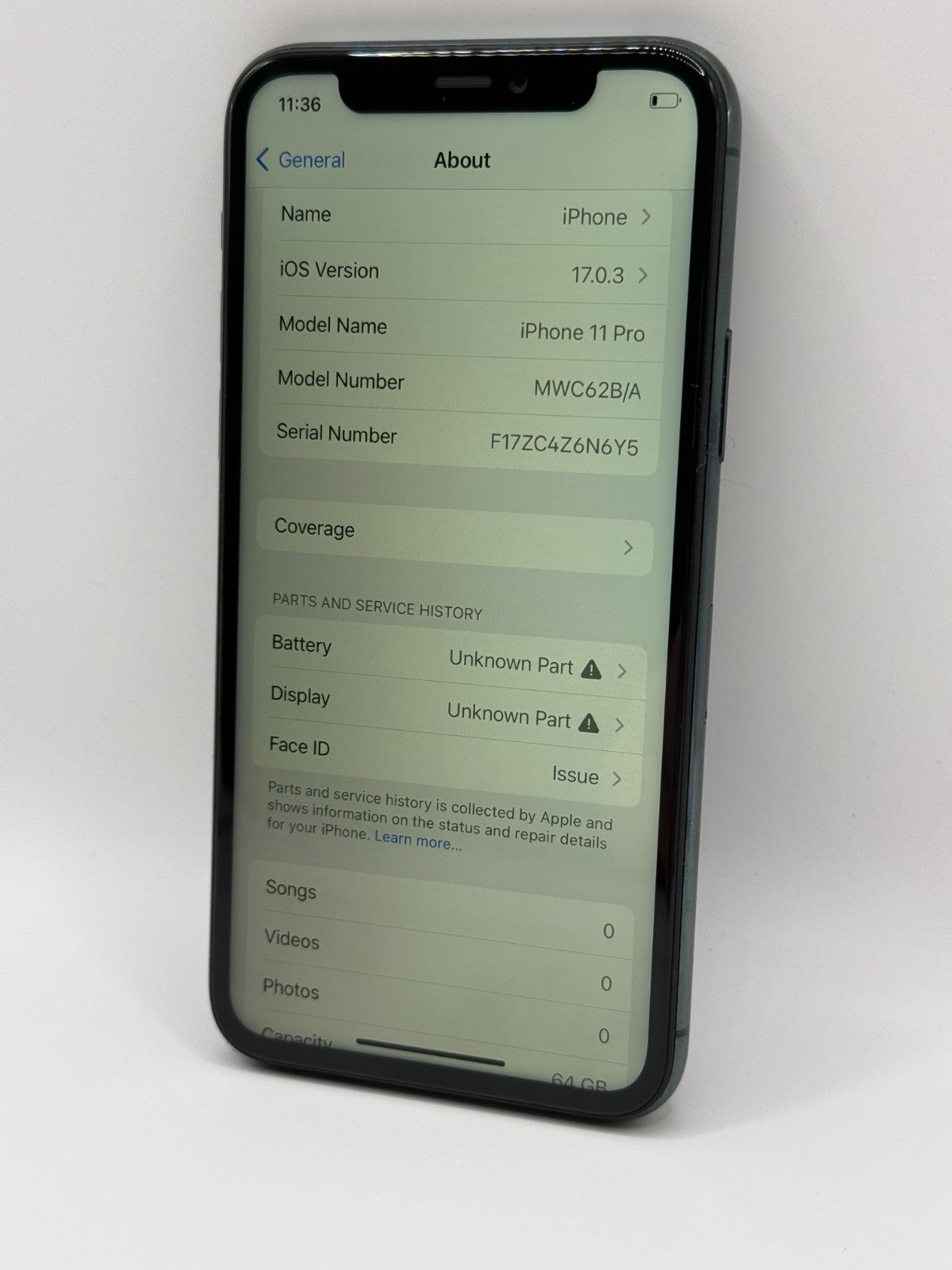 Apple Iphone 11 Pro 64GB Midnight Green Unlocked Used Condition No Face ID