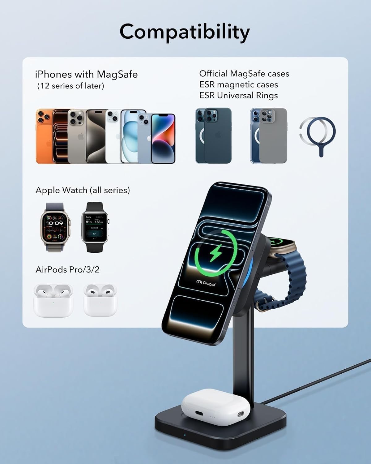 ESR 3 in 1 Wireless Charging Station CryoBoost 25W iPhone Watch AirPods Black