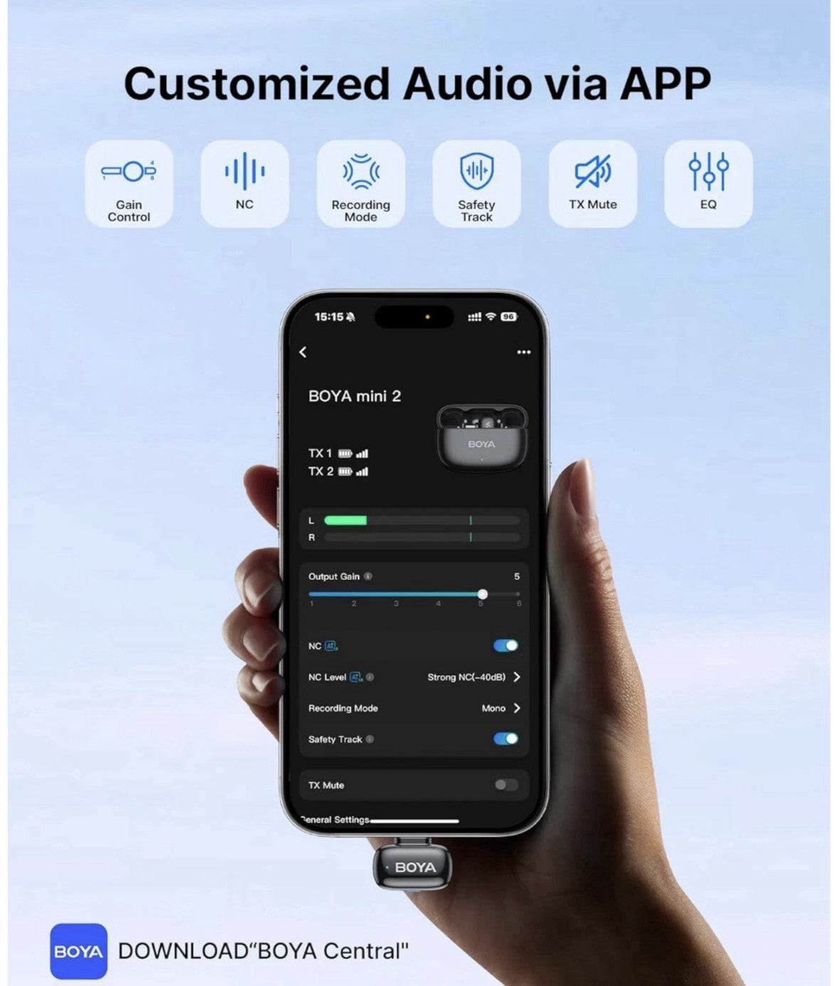 BOYA Mini 2 C-Type 30H Microphone for iPhone 15/16/17 + Android - Space Grey