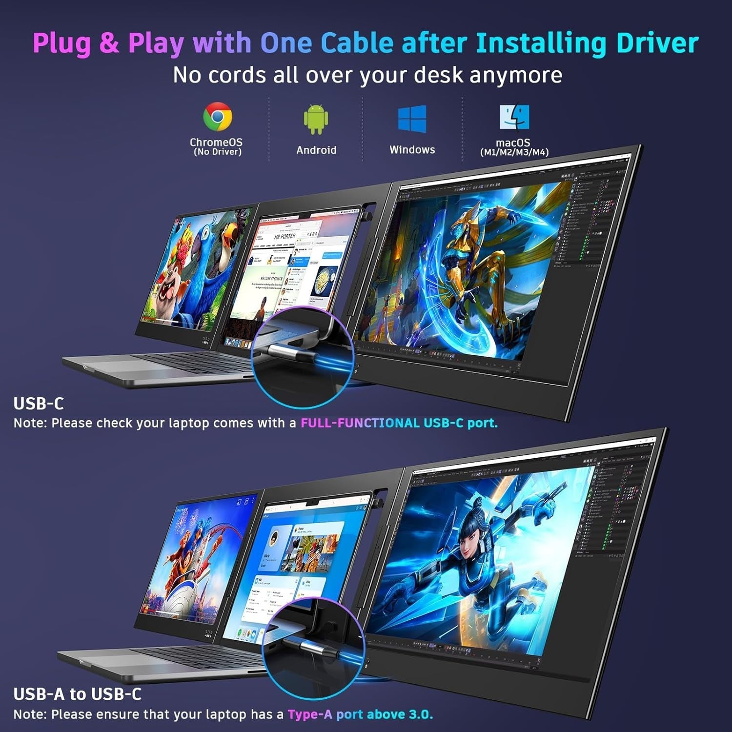 QQH Z80 Portable Dual Monitor Setup For Notebooks Dual 1080P Full HD Ips Led