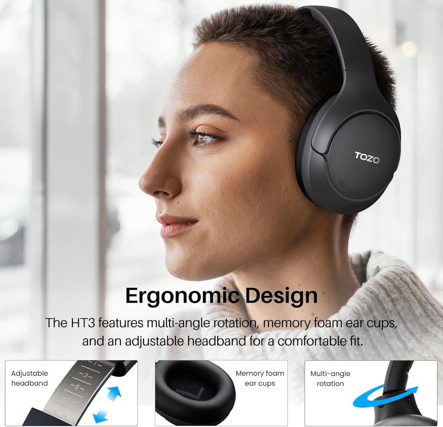 TOZO HT3 Bluetooth Headphones Active Noise Cancelling AI Black Sealed Brand New