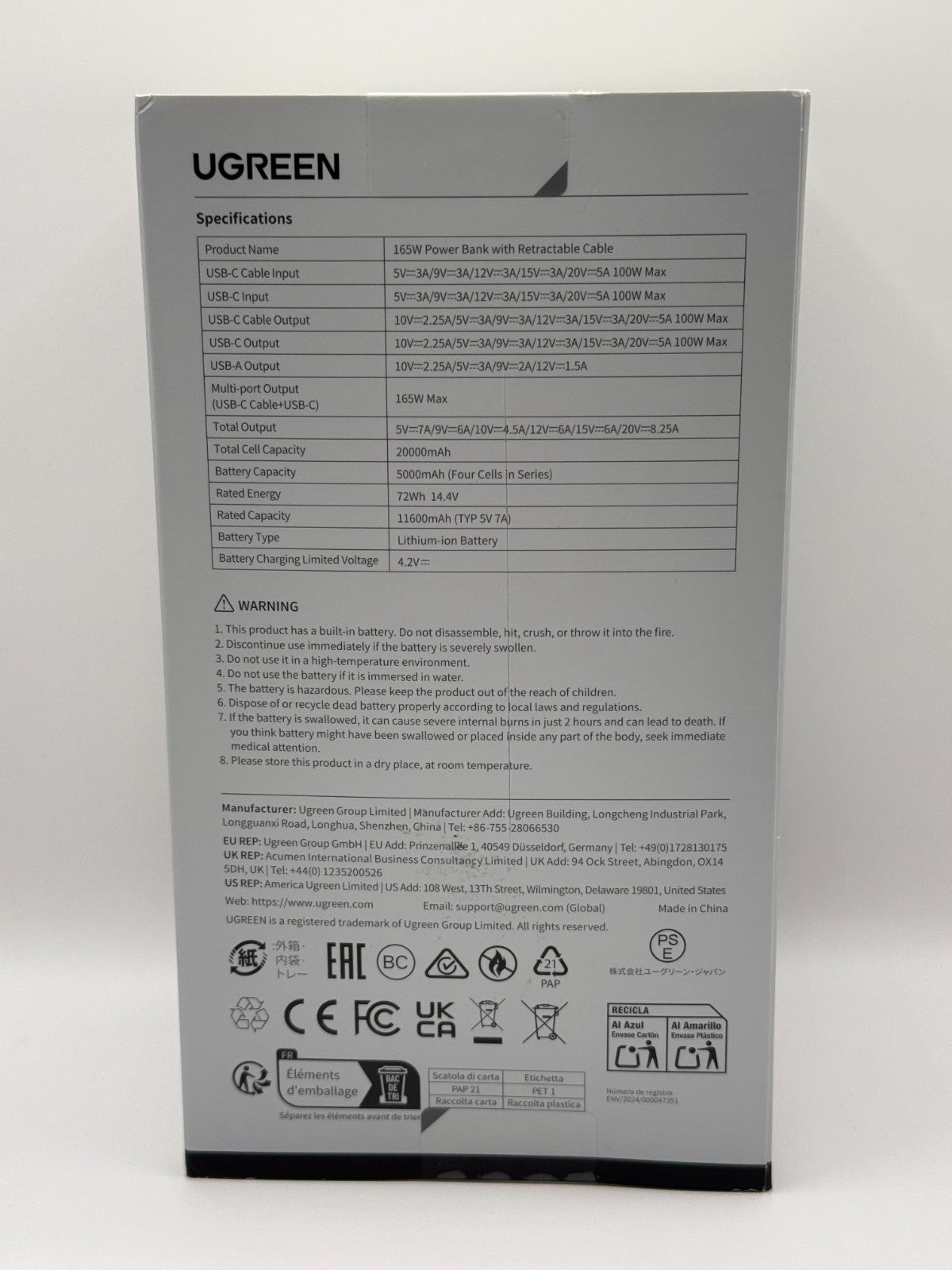Ugreen nexode 20000 mah 165w Power Bank Retractable Cable New Sealed