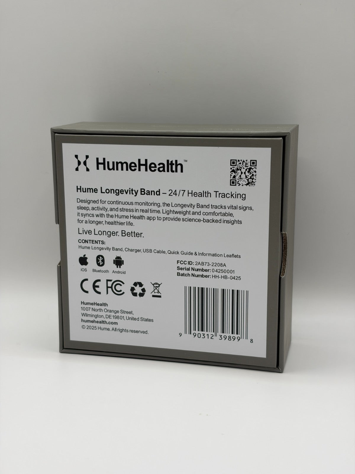 Hume Health Longevity Band 24/7 Health Tracking Boxed With Strap and Charger