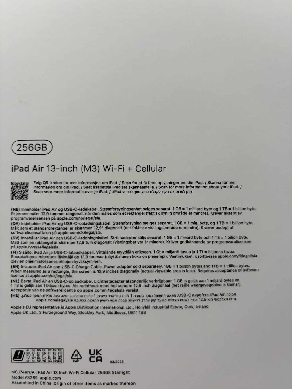 Apple iPad Air 13 inch M3 256GB Wifi & 5G  Starlight Boxed Warranty