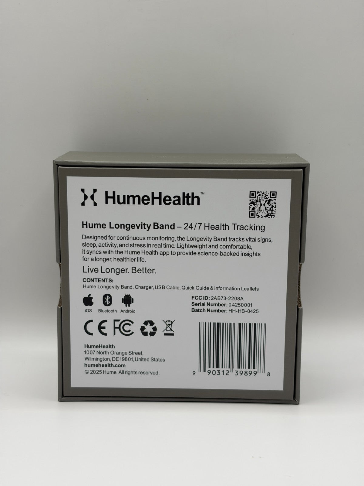 Hume Health Longevity Band 24/7 Health Tracking Boxed With Strap and Charger