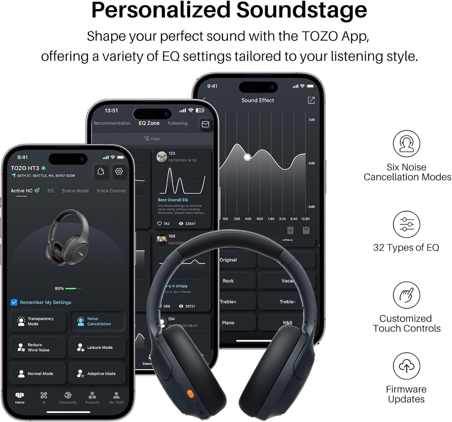 TOZO HT3 Bluetooth Headphones Active Noise Cancelling AI Black Sealed Brand New
