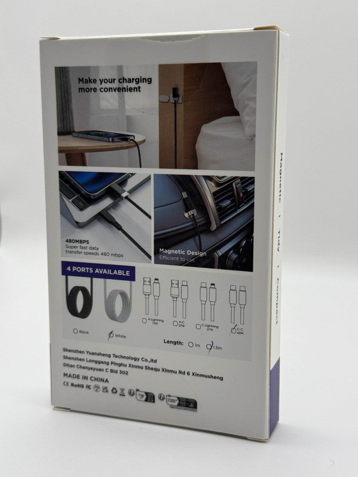 Magtame Magnetic USBC To C Cable Coiled 1.5M Flexible Cord 60W 480Mbps White New