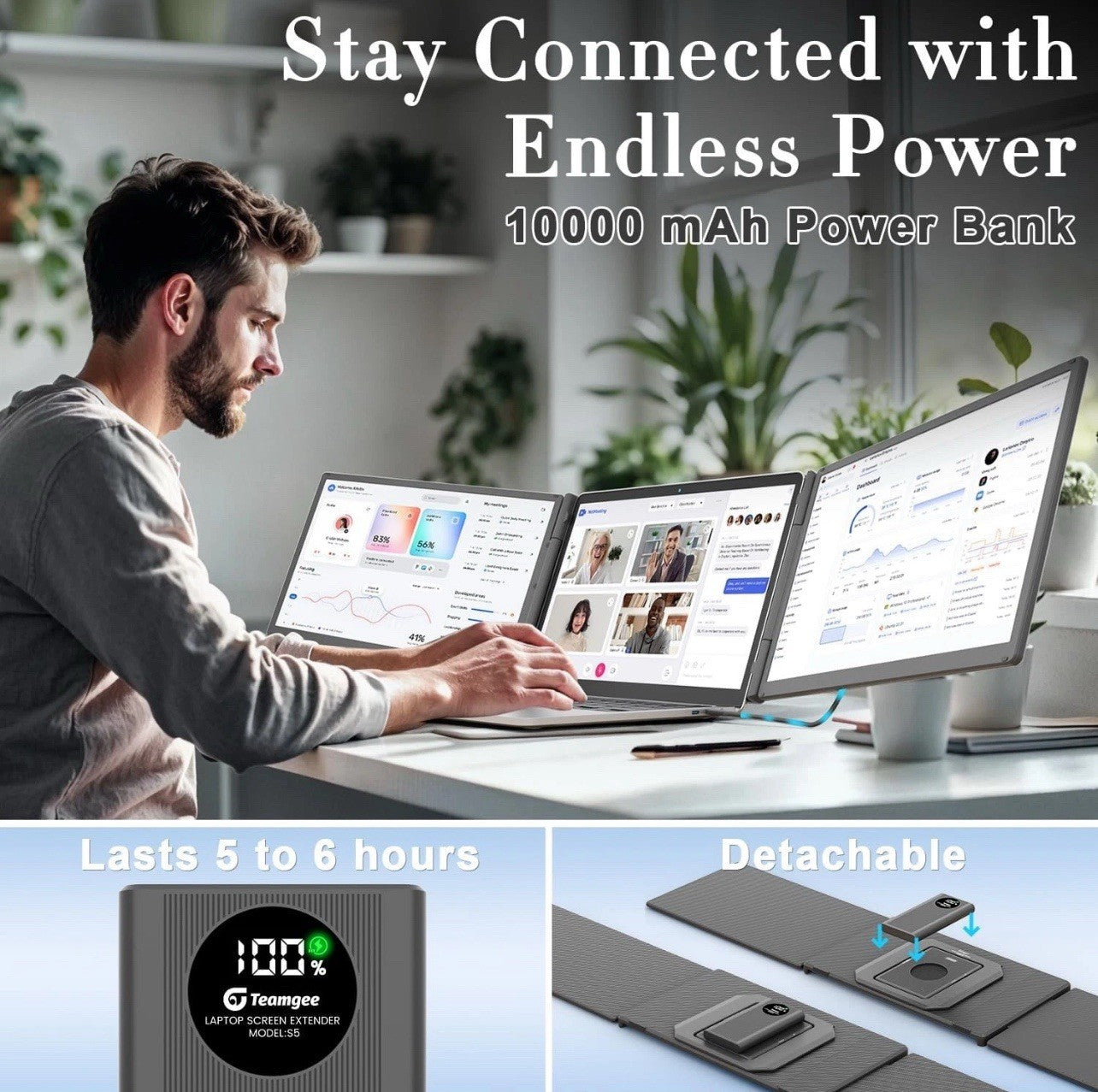 Teamgee 15.6" FHD Laptop Screen Extender With Power Bank (Portable, Ultra Slim)