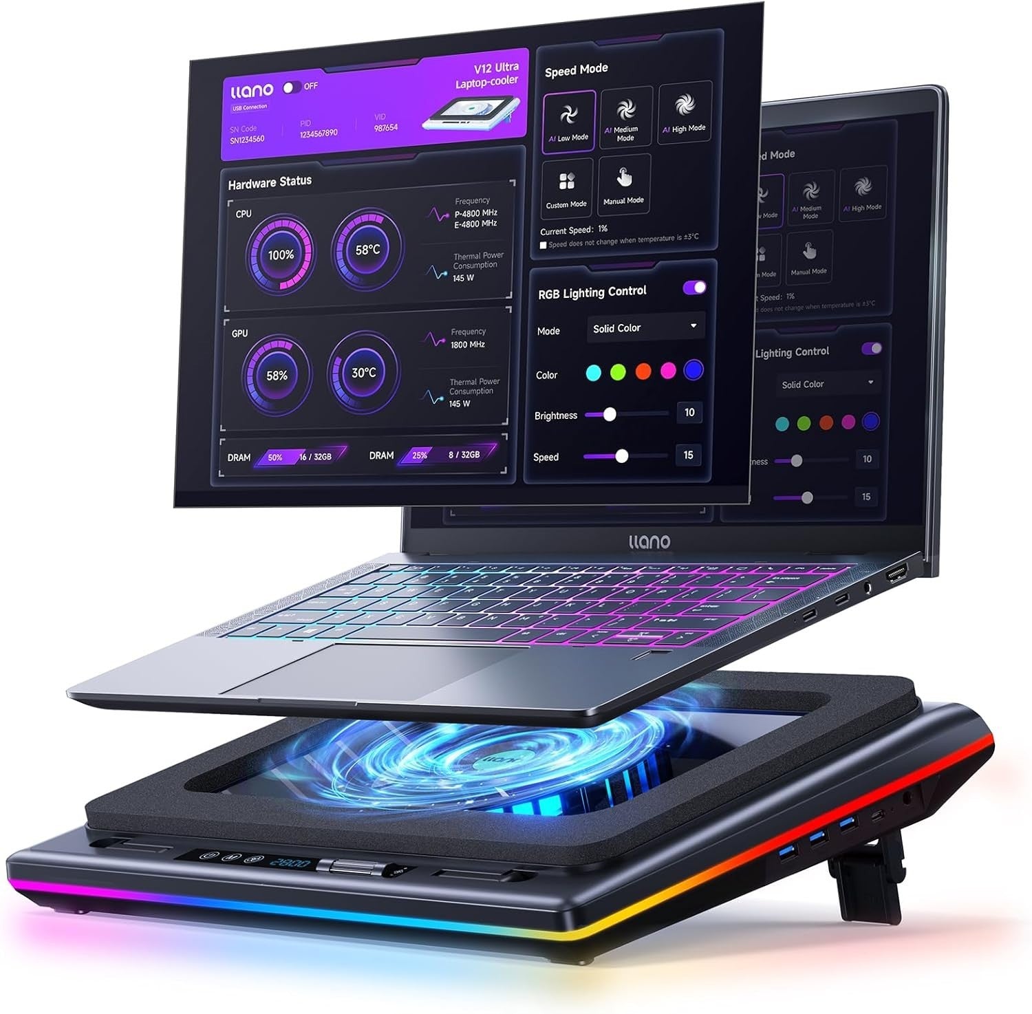 llano V12 Ultra Laptop Cooling Intelligent Software Control RGB Open Never Used