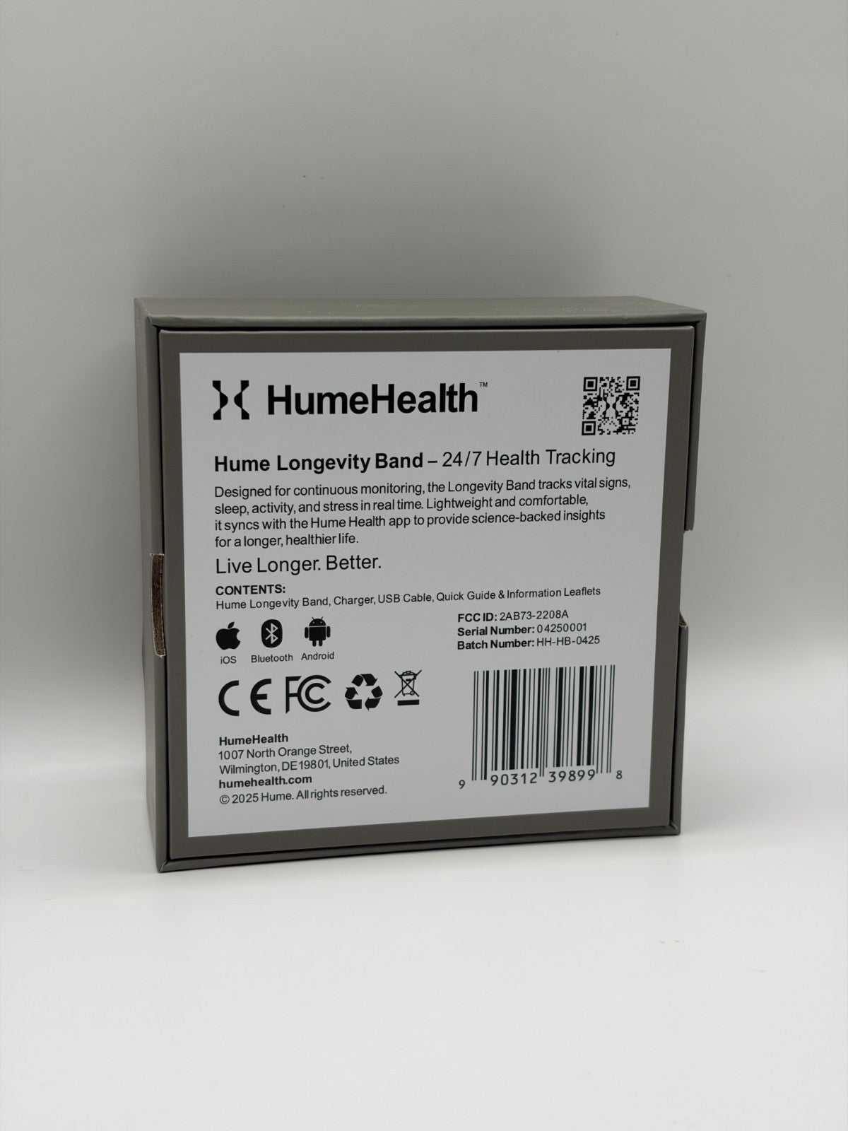 Hume Health Longevity Band 24/7 Health Tracking Boxed With Strap and Charger